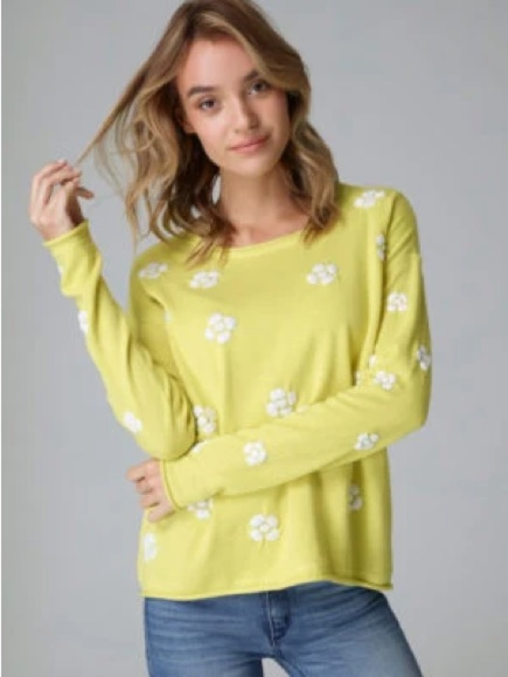 Lisa Todd Daisy Crazy Yellow Embroidered Cotton Pullover Sweater Size Large